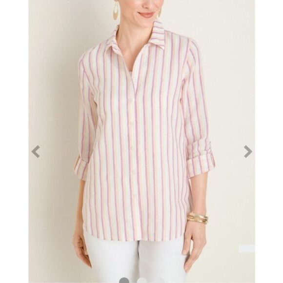 Chico's NO-IRON Linen Metallic Striped Roll-Tab Shirt Button Down Linen Size 2 - Picture 1 of 12
